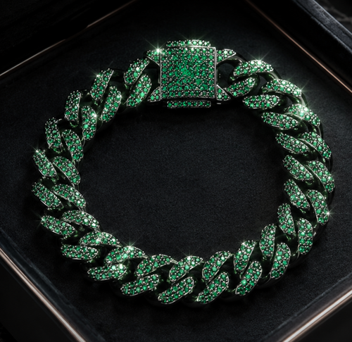 Bransoleta cuban gunmetal z zielonym diamentem syntetycznym