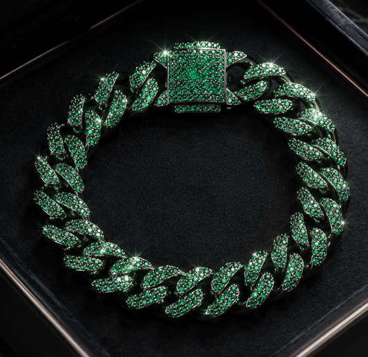 Bransoleta cuban gunmetal z zielonym diamentem syntetycznym